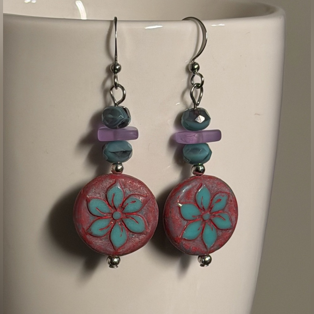 Handcrafted Floral Pink and Turquoise Czech Glass Earrings - Picture 4 of 16